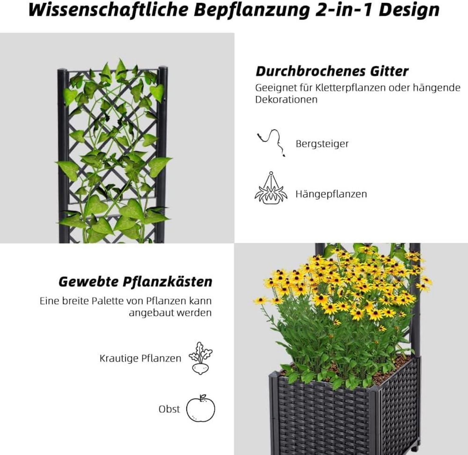 Pflanzkübel Spalier Rattan Selbstbewässerung Schwarz 40x40x136cm