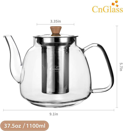 Glas-Teekanne 1100ml mit Infuser, Edelstahlsieb - Herdfest