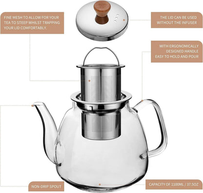CNGLASS Glas-Teekanne 1100ml mit Infuser Edelstahlsieb für losen Tee