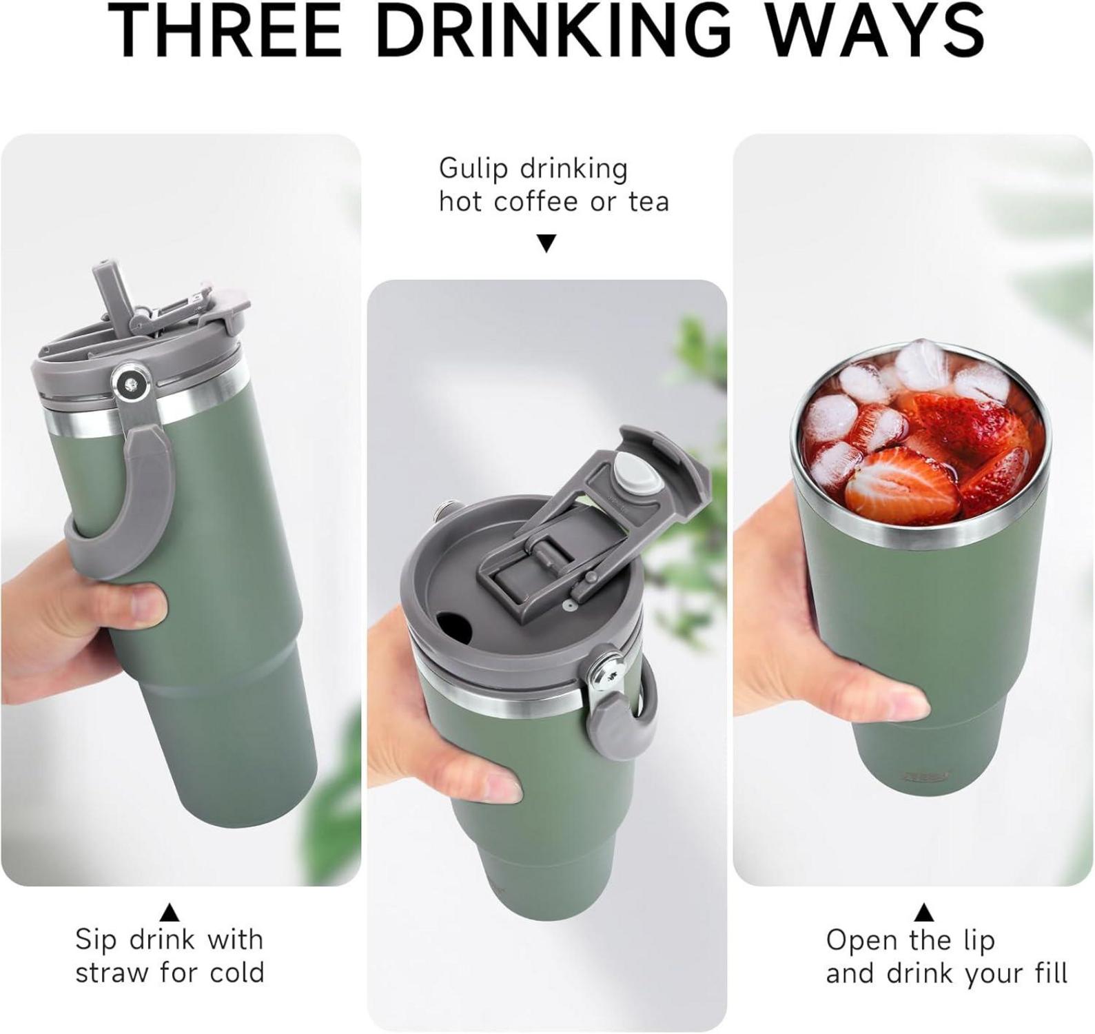 Isolierbecher Strohhalm 900ml Edelstahl Deckel Trinkbecher Warm Kalt