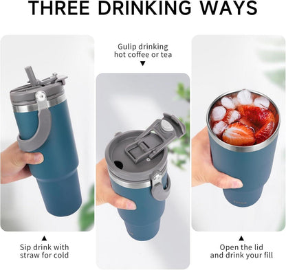 Thermobecher mit Strohhalm 900ml Edelstahl Blau