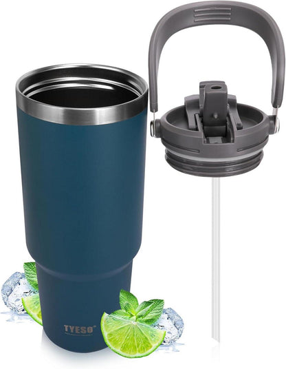 Thermobecher 900ml Strohhalm Deckel Edelstahl Kaffee Wasser Blau