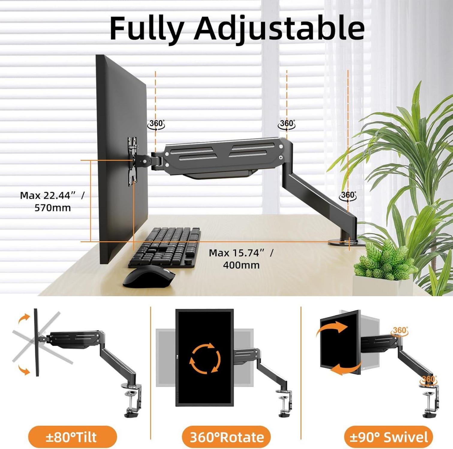 Monitor Halterung 1 Monitor für 17-27 Zoll Bildschirme - Höhenverstellbarer Arm, Neigbar, Schwenkbar, Drehbar - VESA75/100mm Gasfeder - Bis zu 6 kg