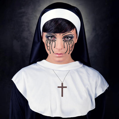 Nonne Kostüm Damen Nonnenhaube Kragen Kreuzkette Tattoo Glitzersteine