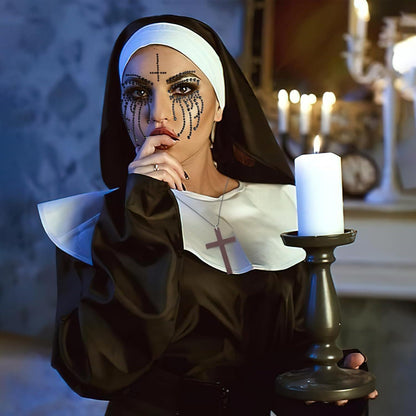 Nonne Kostüm Damen Nonnen Haube Kragen Kreuz Kette Holz Halloween