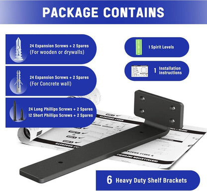 6er Pack Schwarz Schwerlast Regalhalterung 10 Inch Wandmontage 75 KG