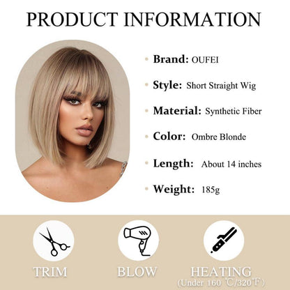 Ombre Blonde Bob Perücke mit Pony Synthetisches Haar Cosplay
