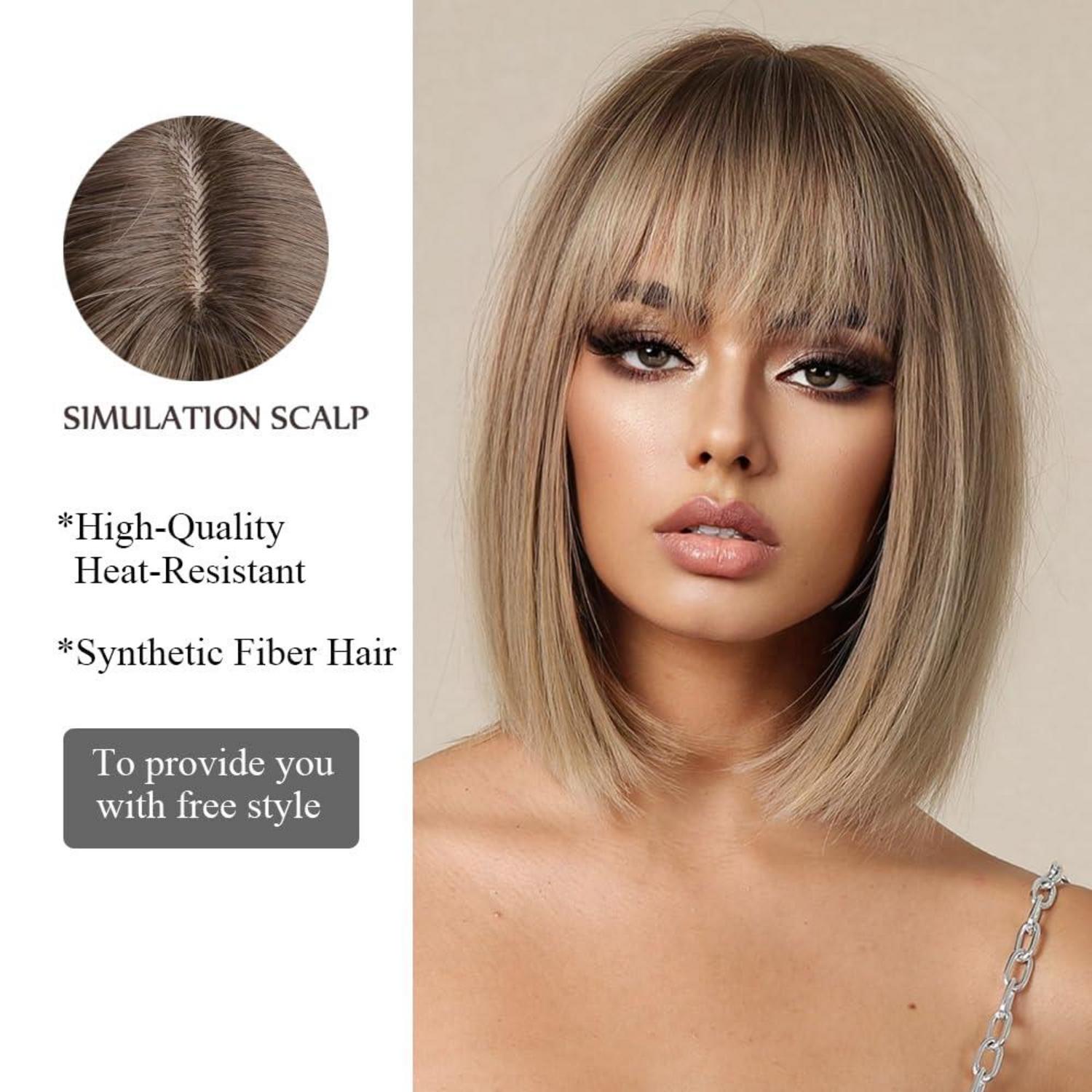 Ombre Blonde Bob Perücke mit Pony Synthetisches Haar für Cosplay