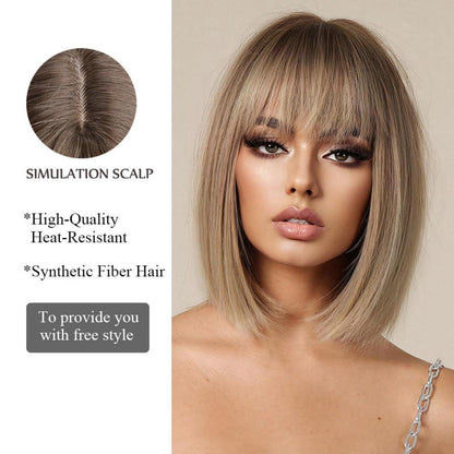 Ombre Blonde Bob Perücke mit Pony Synthetisches Haar für Cosplay