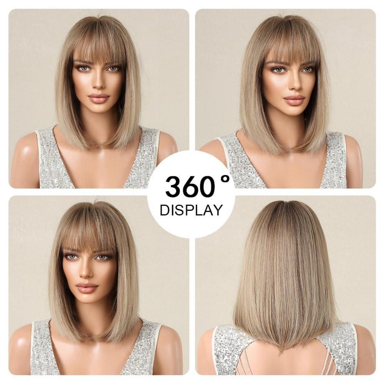 Ombre Blonde Bob Perücke mit Pony Synthetisches Haar für Frauen Party