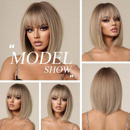 Ombre Blonde Bob Perücke mit Pony Kurz Gerade Synthetisches Haar für