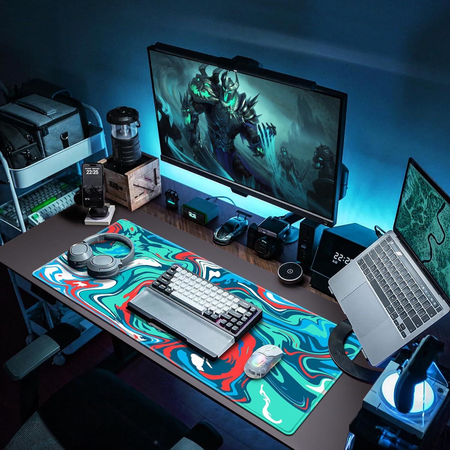 Großes Gaming Mauspad XXL 900 x 400mm Blau-Rot Fluid Kunst vernähte
