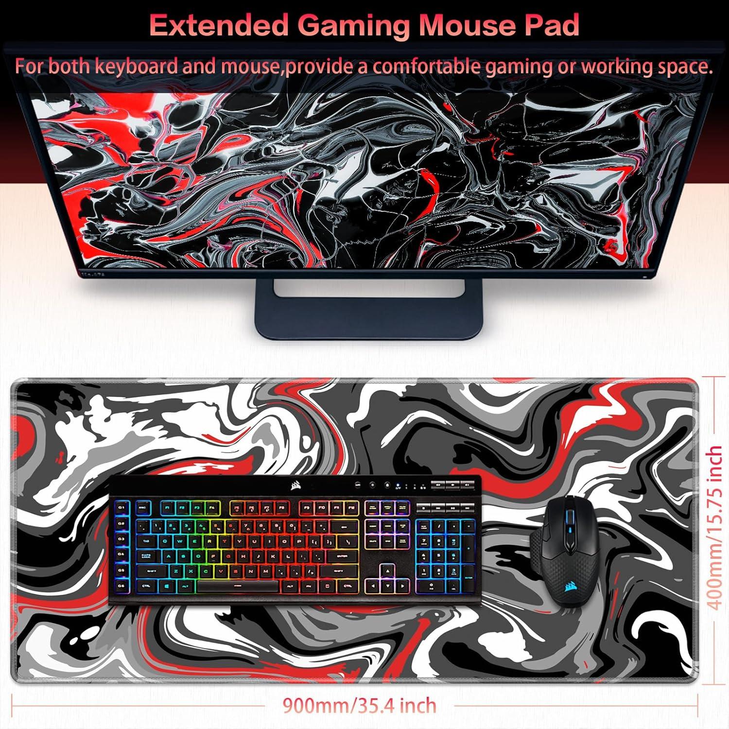 XXL Gaming Mauspad 900x400mm Fluid Art groß Anti-Rutsch wasserdicht ROT-Schwarz