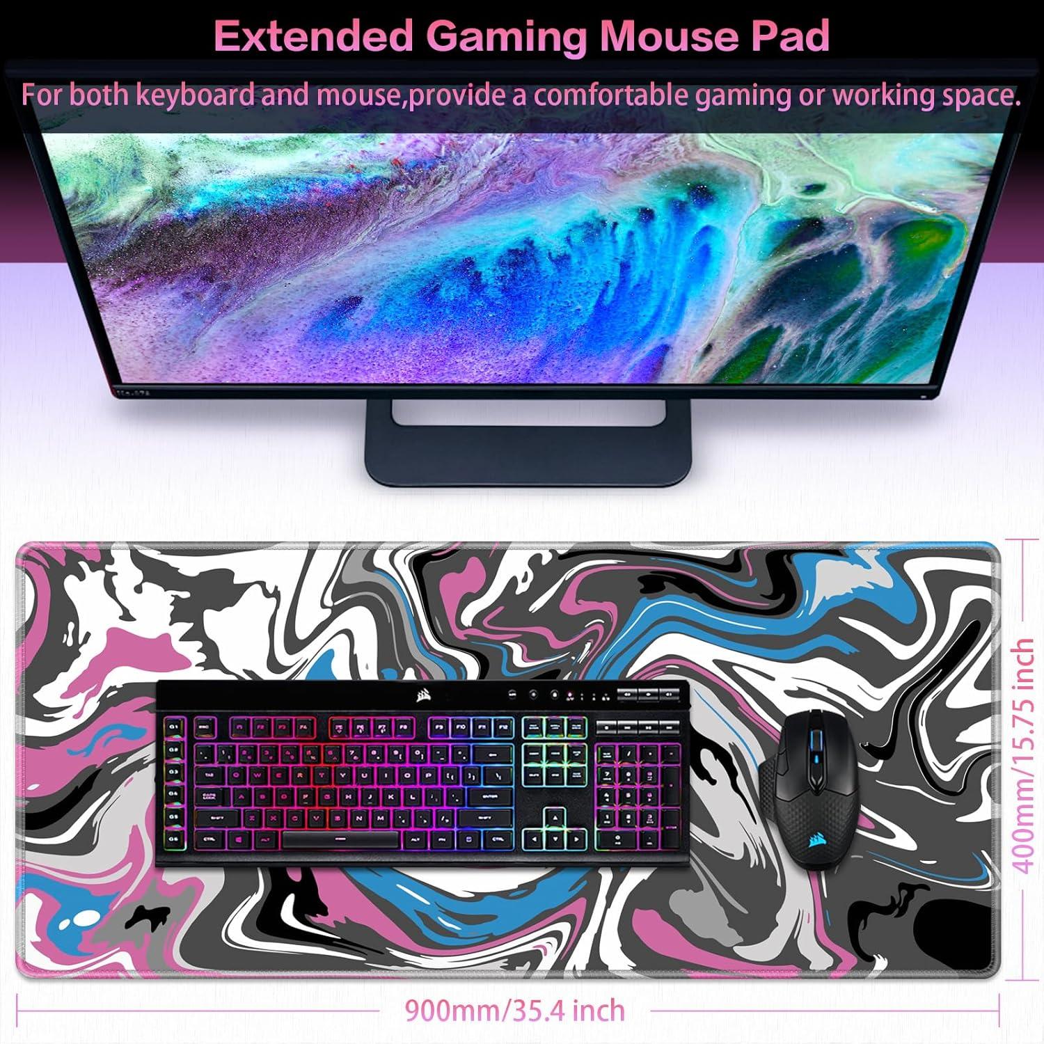 XXL Gaming Mauspad 900x400mm Fluid Art Rosa Blau Anti-Rutsch Durable