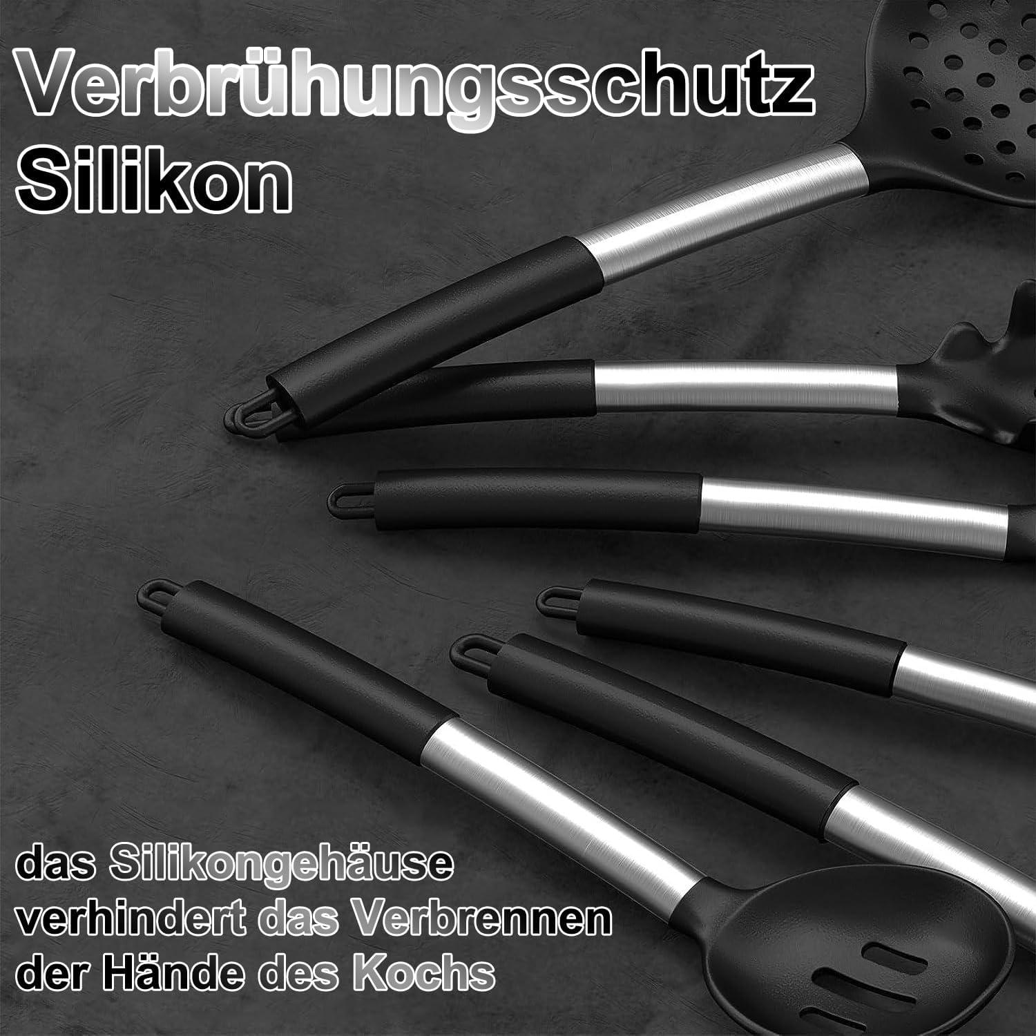 26-teiliges Silikon Kochutensilien Set mit Edelstahlgriff, Antihaft