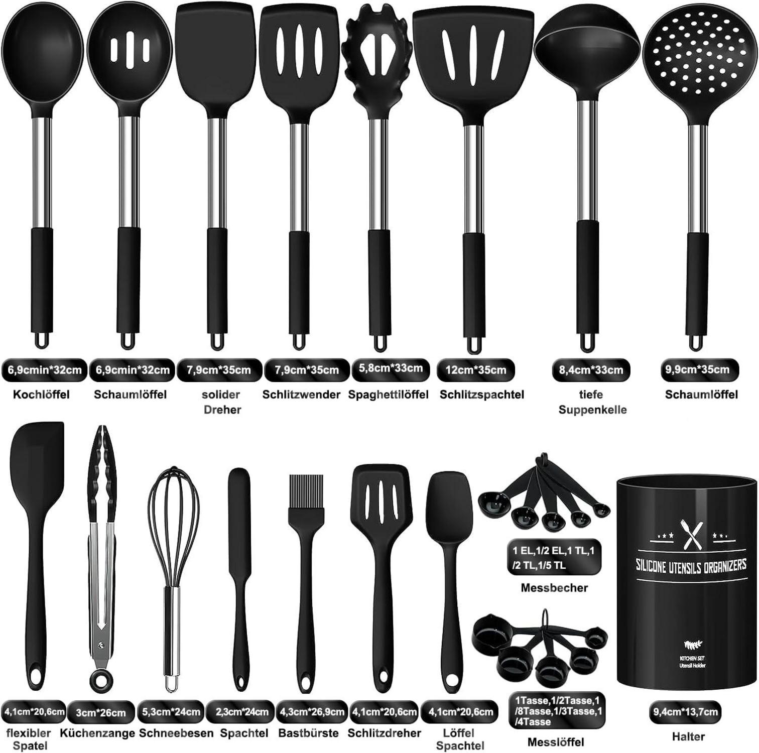 Kochutensilien Set Silikon 26-teilig Hitzebeständig mit Utensilienhalter