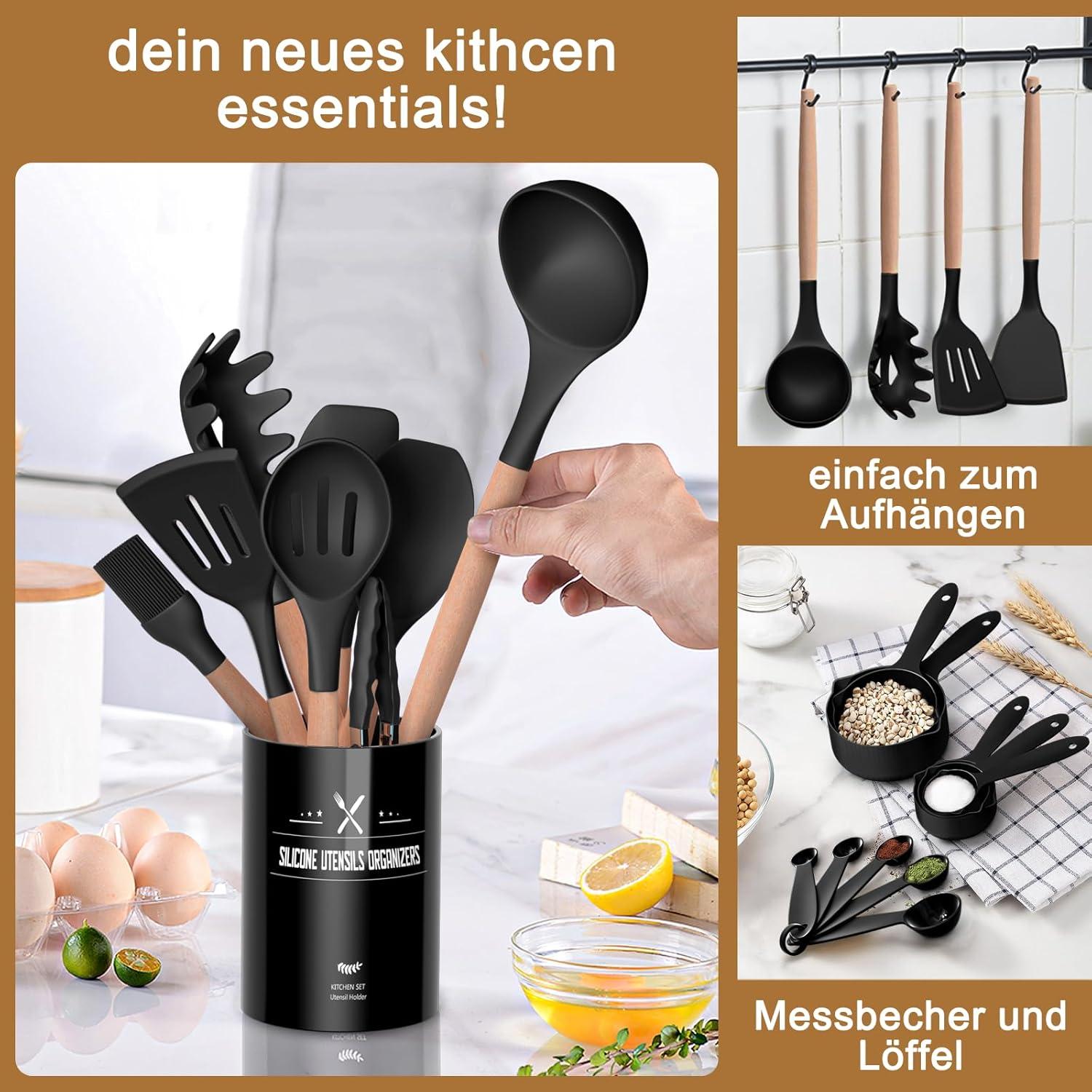 Küchenhelfer Set 26 Stück Silikon Kochutensilien Holzgriff Antihaft Utensilienhalter