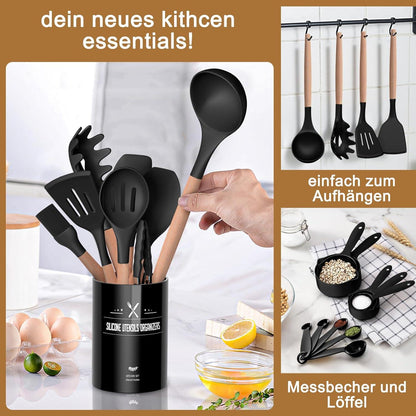 Küchenhelfer Set 26 Stück Silikon Kochutensilien Holzgriff Antihaft Utensilienhalter