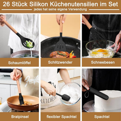 26tlg Silikon Kochutensilien Set mit Holzgriff, Antihaft Küchenhelfer