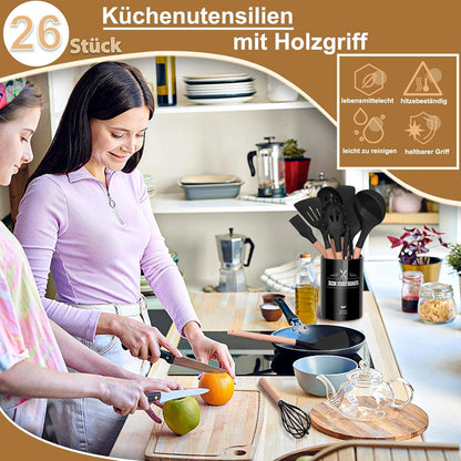 26-teiliges Silikon Kochgeschirr Set mit Holzgriff und