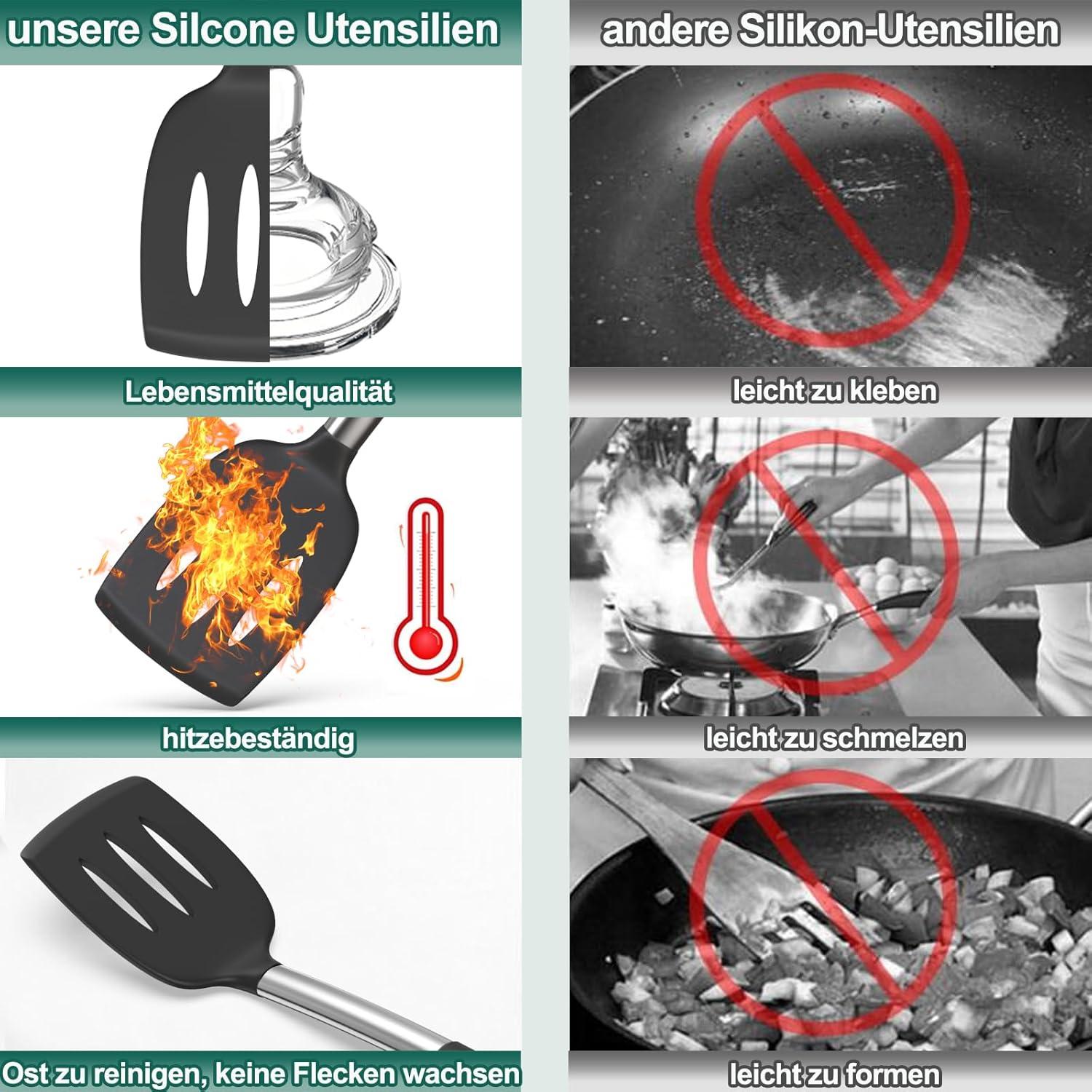 34-teiliges Silikon Kochutensilien Set mit Edelstahlgriff und Utensilienhalter