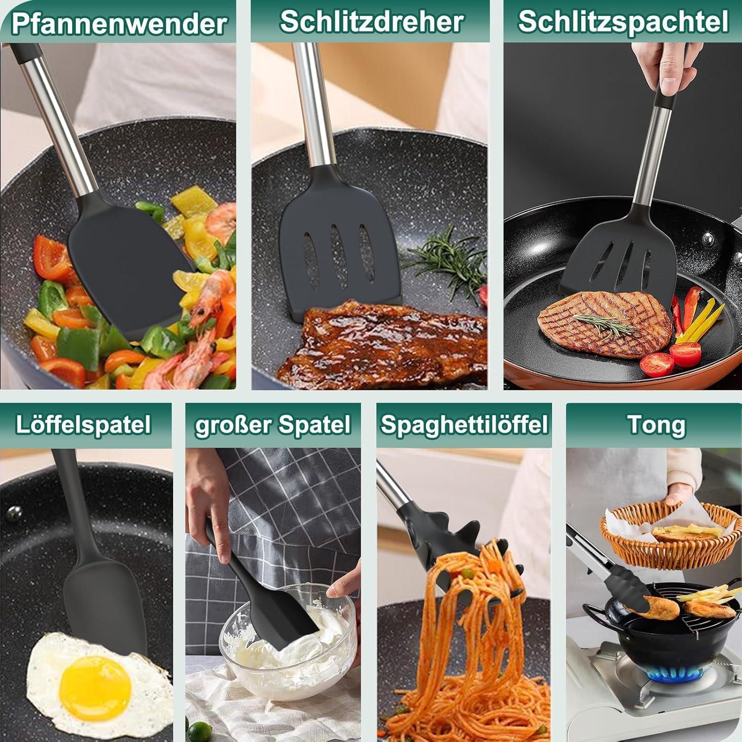 34-teiliges Silikon Kochutensilien Set mit Edelstahlgriff, Antihaft Küchenhelfer