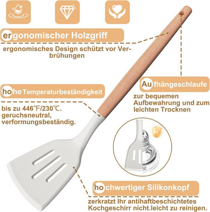 26-teiliges Silikon-Küchenutensilien-Set mit Holzgriff, Utensilienhalter