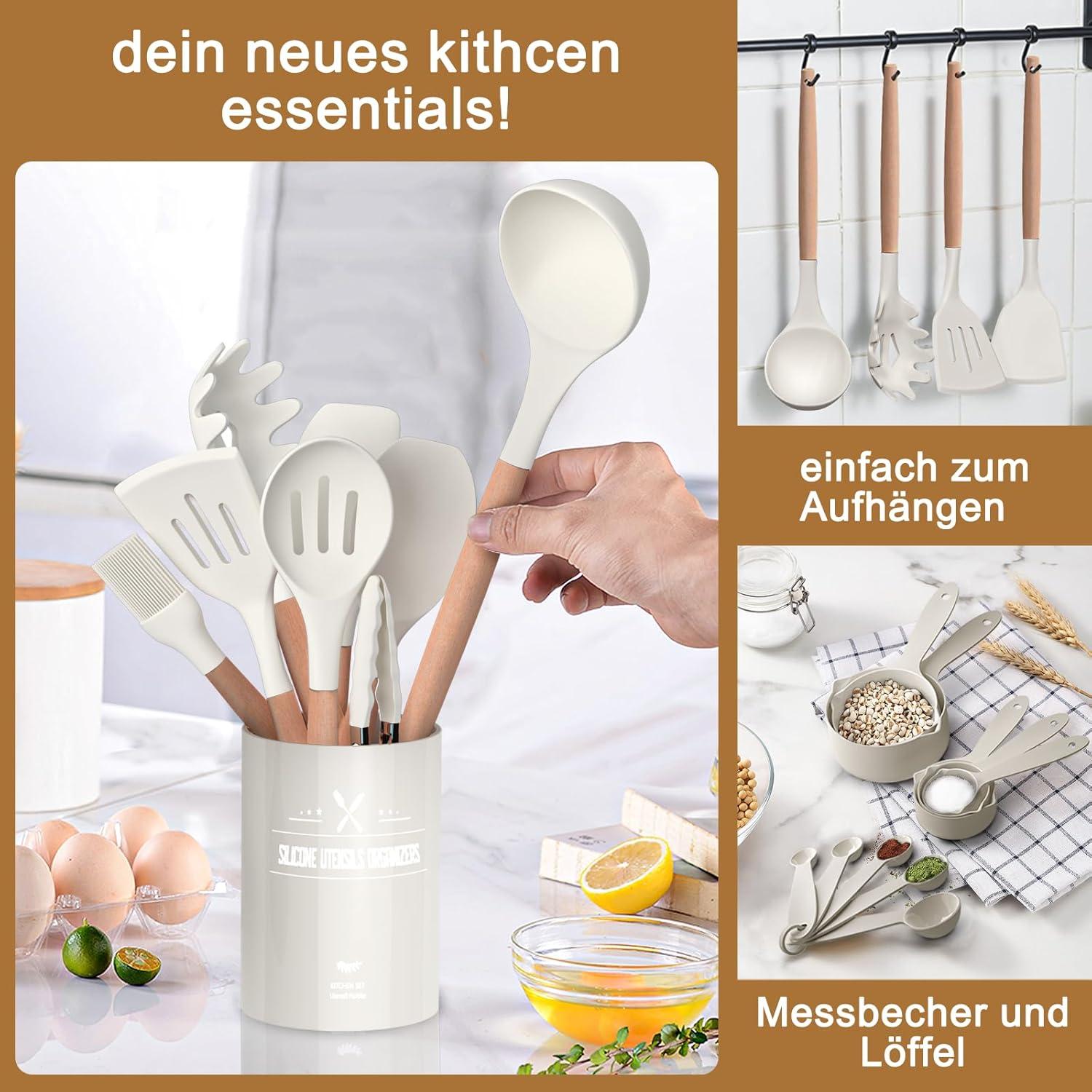 26tlg. Silikon Kochutensilien Set mit Holzgriff - Küchenhelfer Antihaft