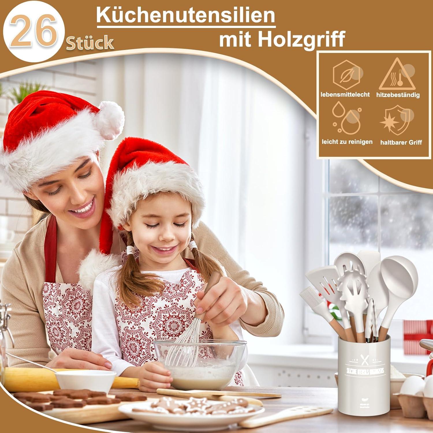 Silikon Küchenhelfer Set 26tlg. Holzgriff in Weiß - Hitzebeständiges