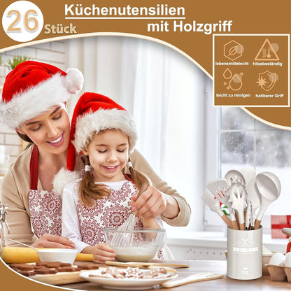 Silikon Küchenhelfer Set 26tlg. Holzgriff in Weiß - Hitzebeständiges