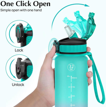 EYQ 1L Trinkflasche Sportwasserflasche mit Strohhalm Zeitmarker BPA-frei Blauviolett Grünviolett