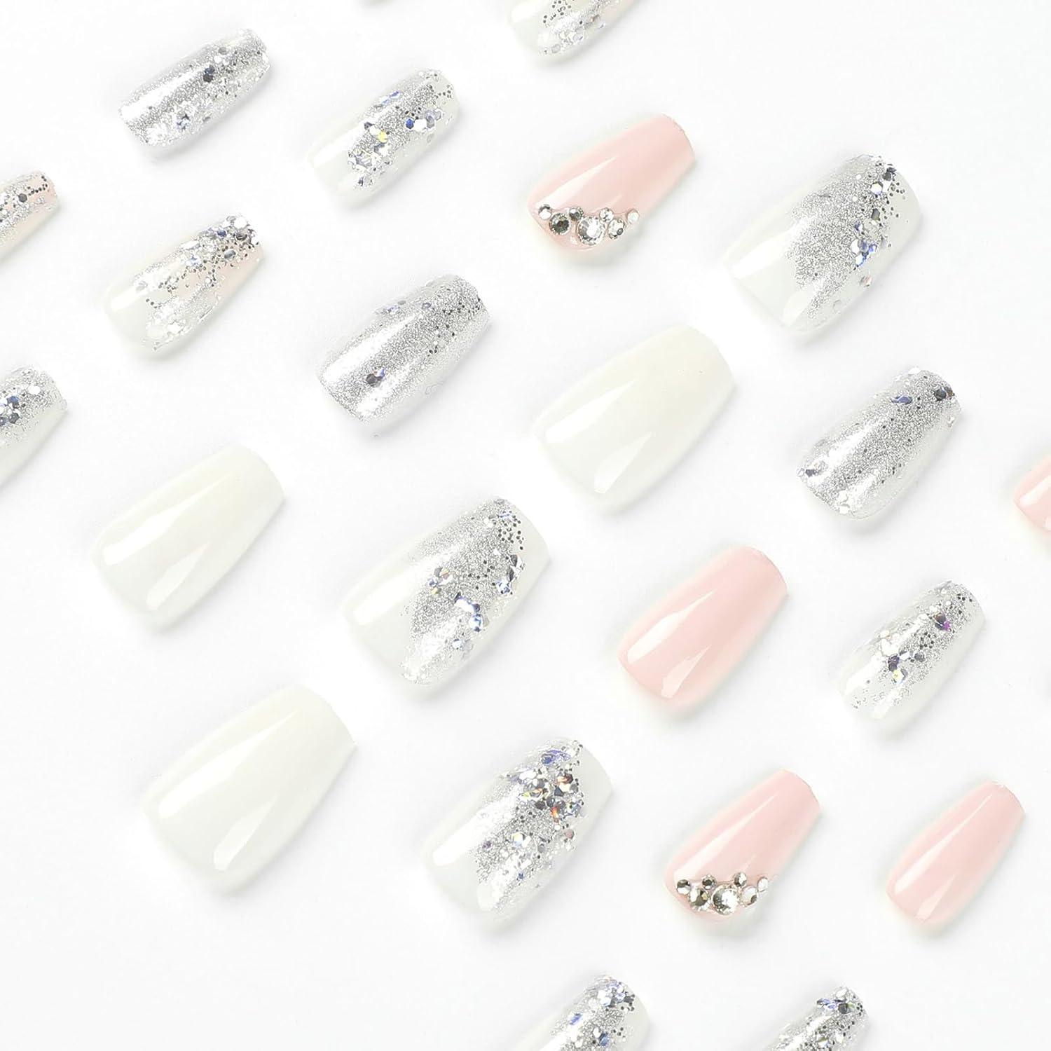 24 Stück Natürliche Acryl Nägel French Tip in Rosa mit Strass