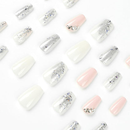 24 Stück Natürliche Acryl Nägel French Tip in Rosa mit Strass