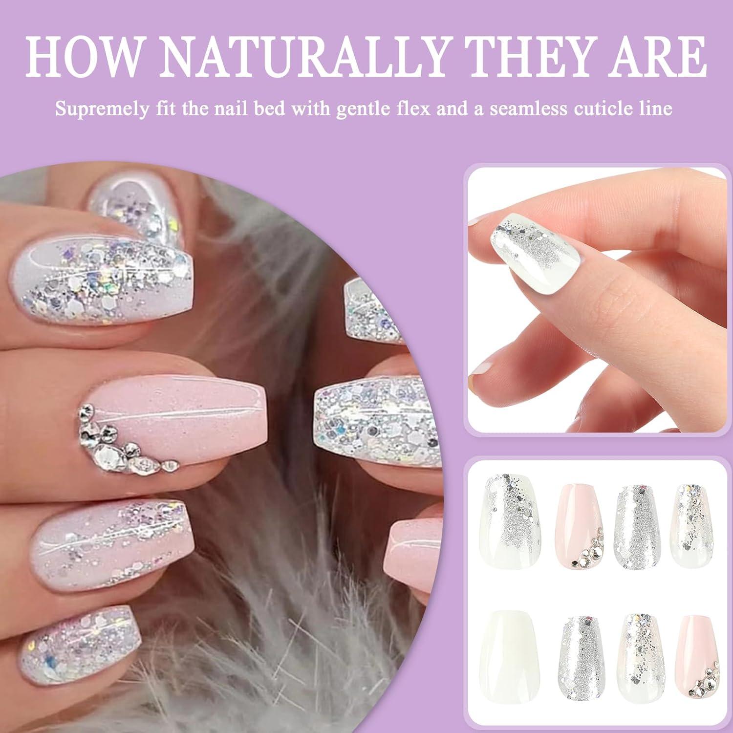 24 Nägel Aufkleben Sarg Mittel Weiß Rosa French Tip Press on Nails Strass Frauen