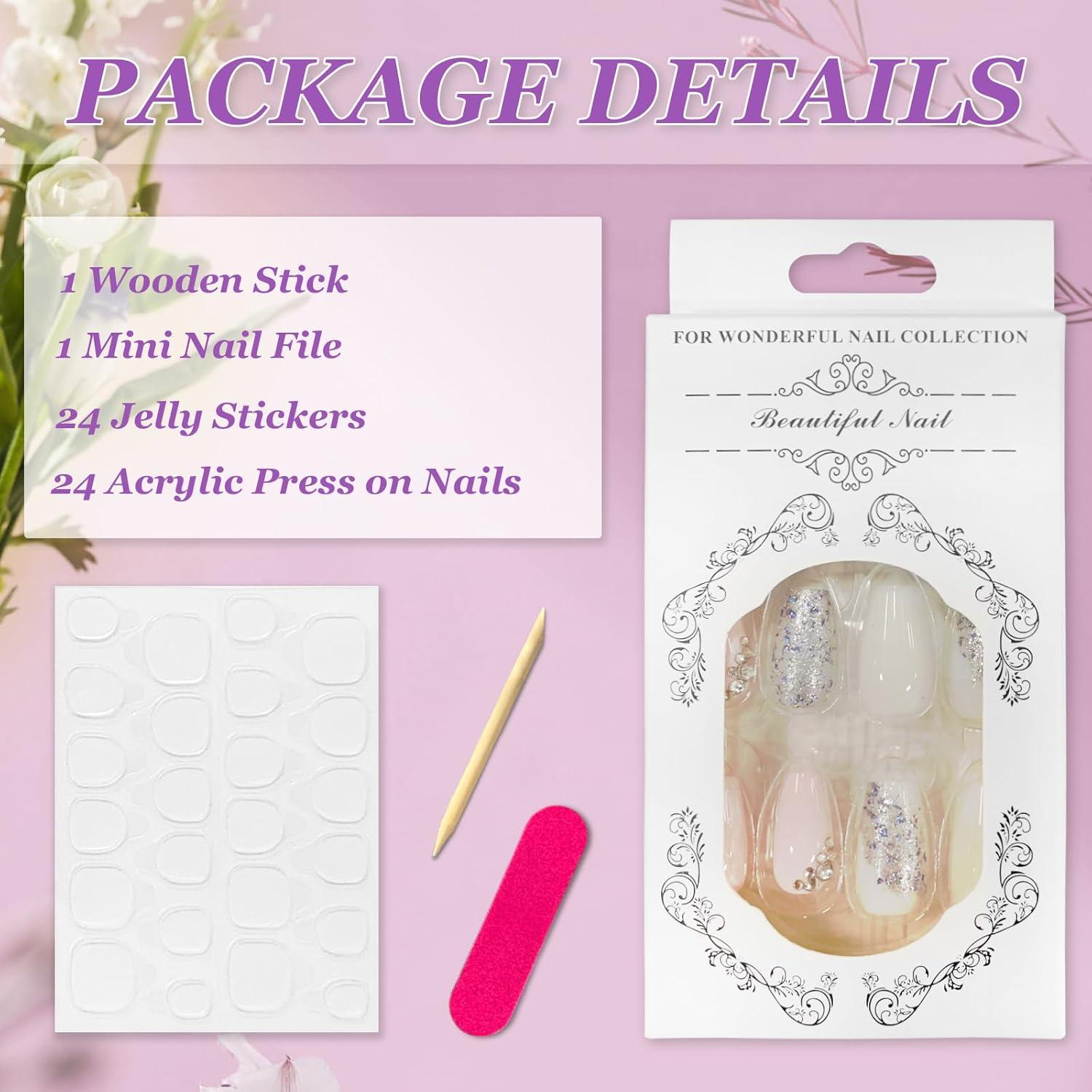 24 Stück Kunstnägel White Rosa French Tip Press on Nails mit Strass