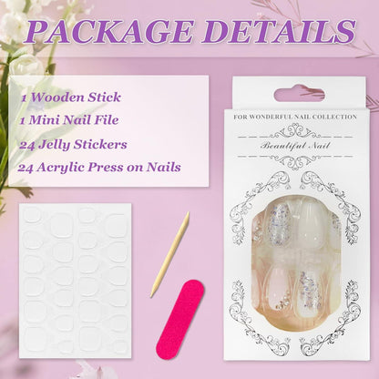 24 Stück Kunstnägel White Rosa French Tip Press on Nails mit Strass