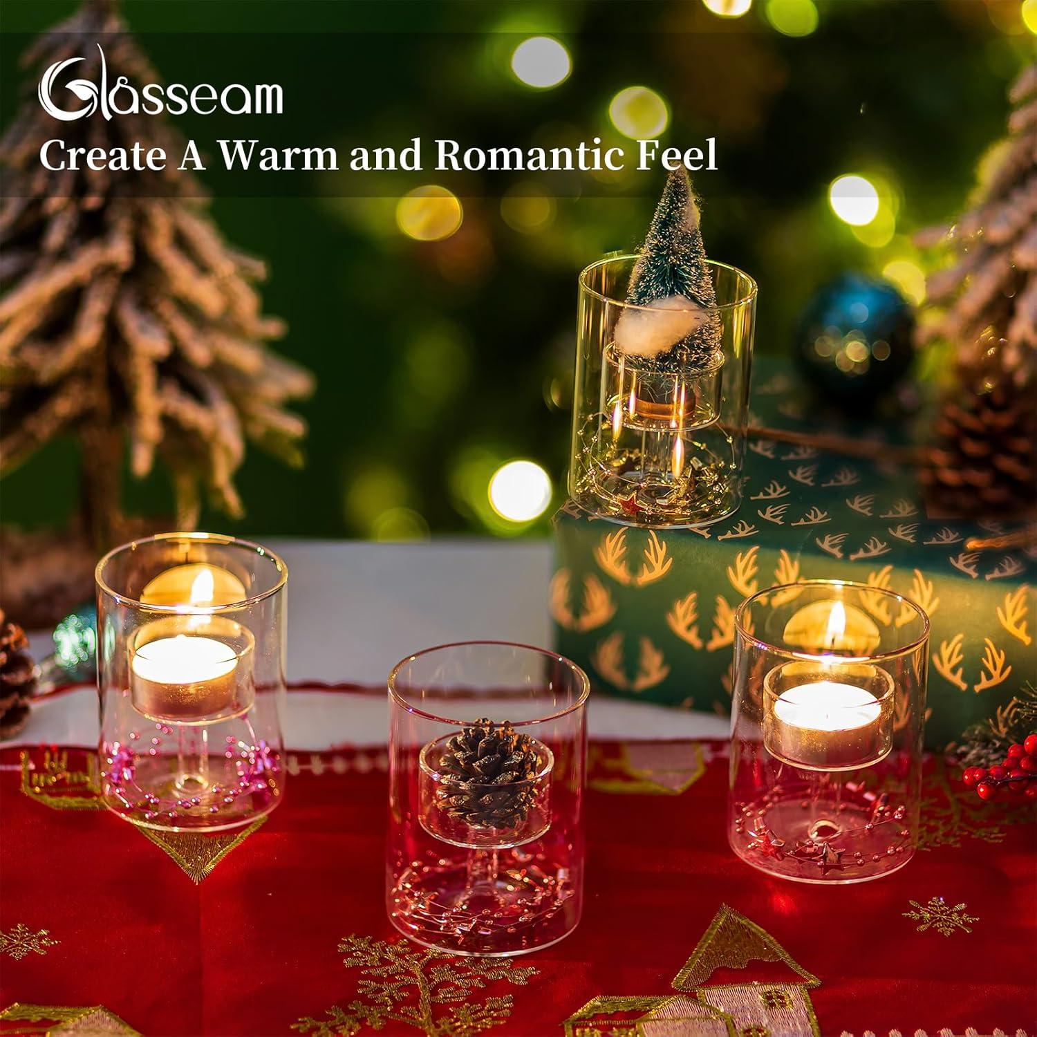 Glasseam Teelichtgläser Set, Hochwertige Mundgeblasene Zylinder Kerzenhalter für Tischdeko, Weihnachten, Hochzeit - 6er Set