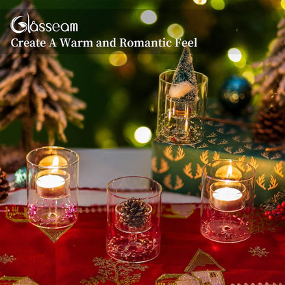 Glasseam Teelichtgläser Set, Hochwertige Mundgeblasene Zylinder Kerzenhalter für Tischdeko, Weihnachten, Hochzeit - 6er Set