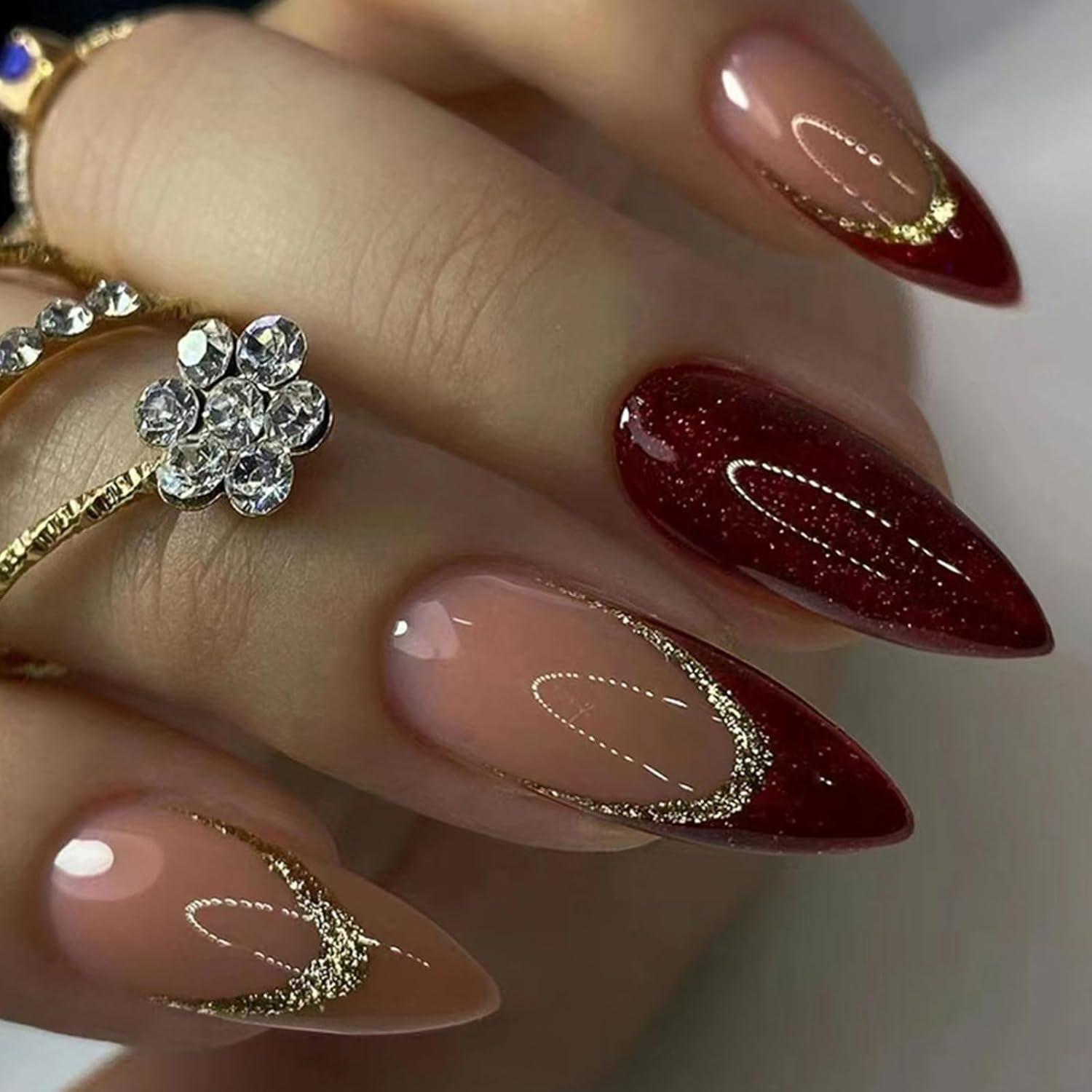 24er Set Französische Weinrot Mandel Nägel Aufkleben Glänzend Stiletto