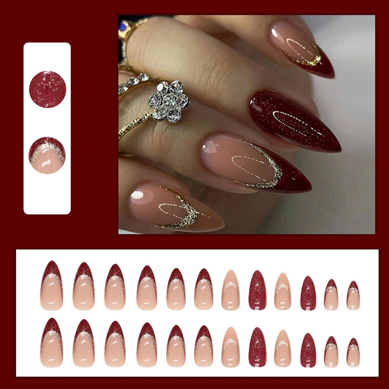 24 Stück Mandel Nägel Weinrot Press on Nails Glänzend