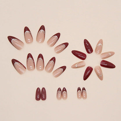 24er Set Französische Weinrot Mandel Nägel Aufkleben Glänzend Stiletto
