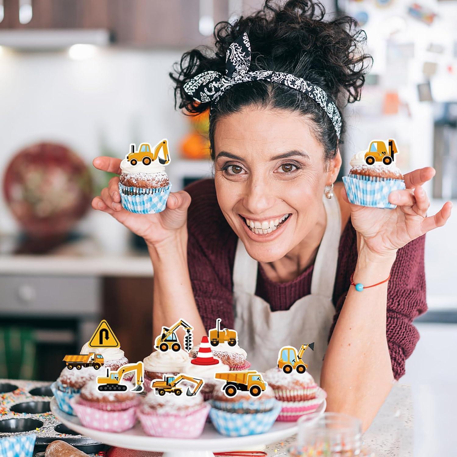 64 Stück Baustellen Tortendeko Essbar Bagger Traktor Muffin Kuchendeko