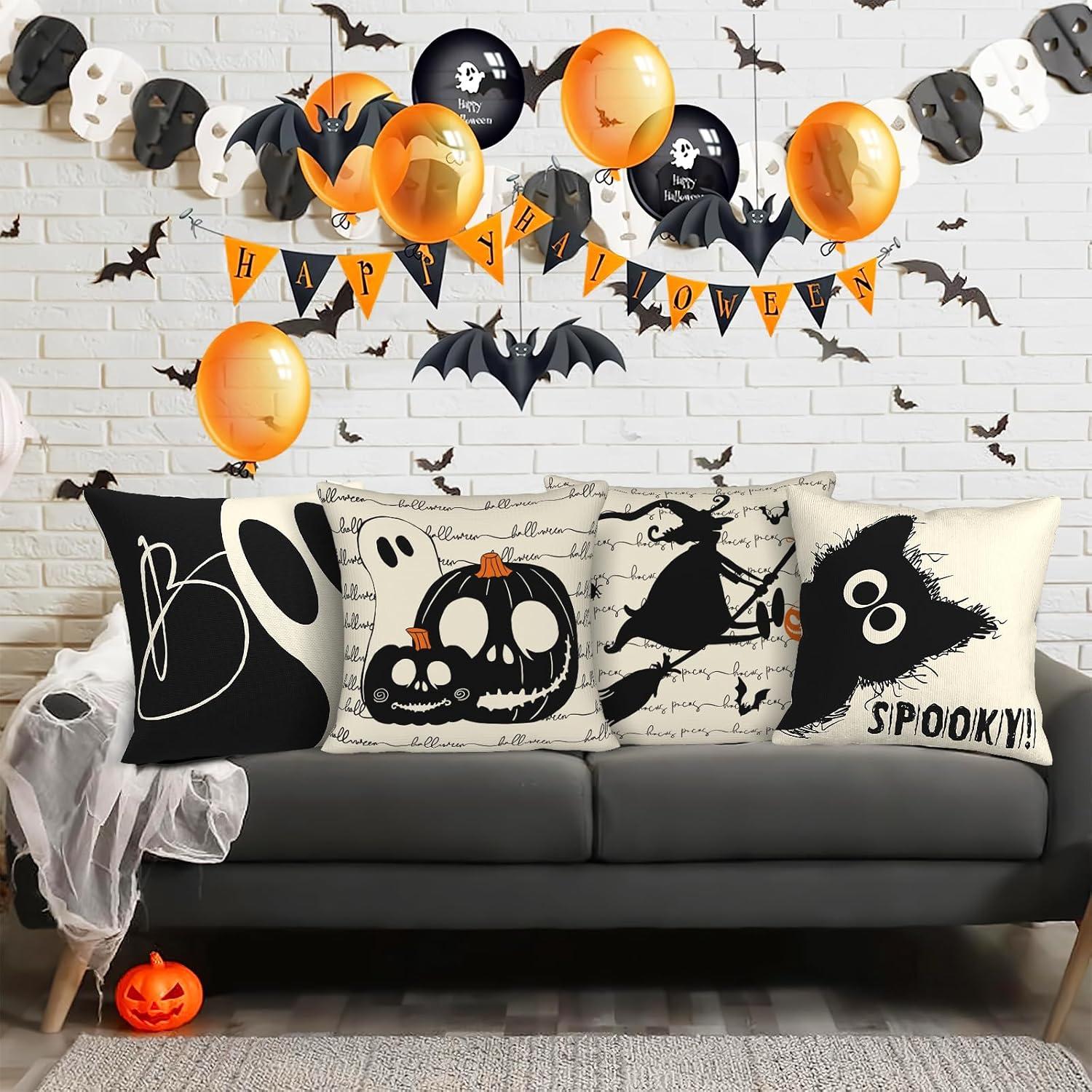 Halloween Kissenbezug Set Schwarze Katze Kürbis Geist