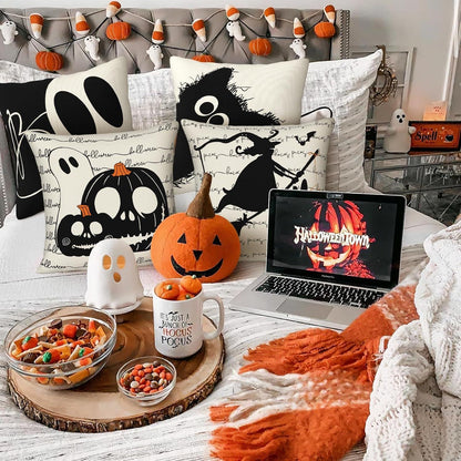 Halloween Kissenbezug Set 4er 40x40 cm Schwarze Katze Geist Dekoration
