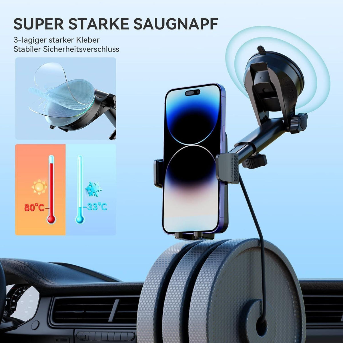 Handyhalterung Auto mit Super Saugnapf & 360° Drehung