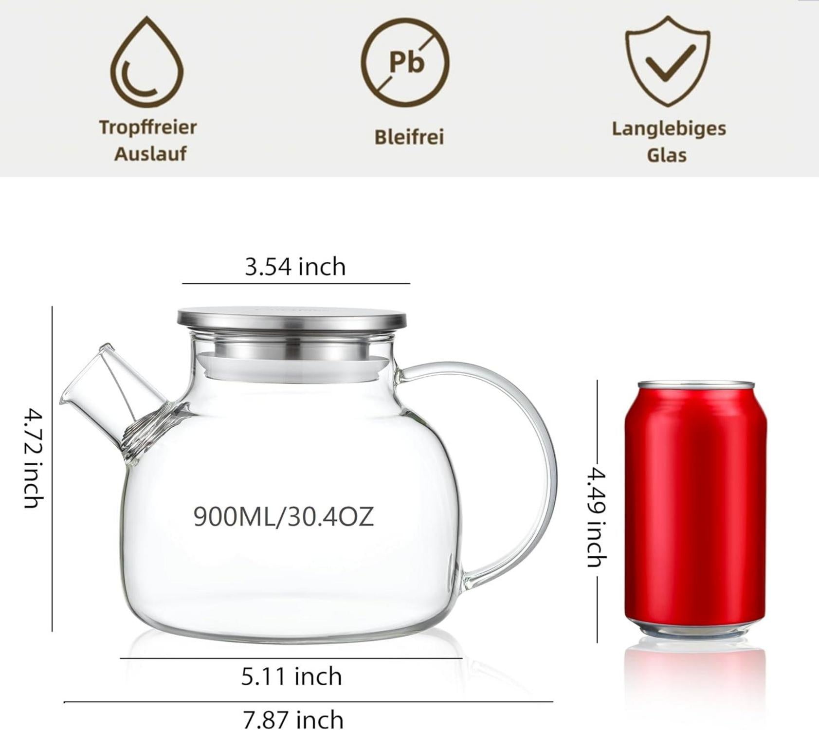 Glas Teekanne 900ML Edelstahldeckel Teekanne mit Teesieb