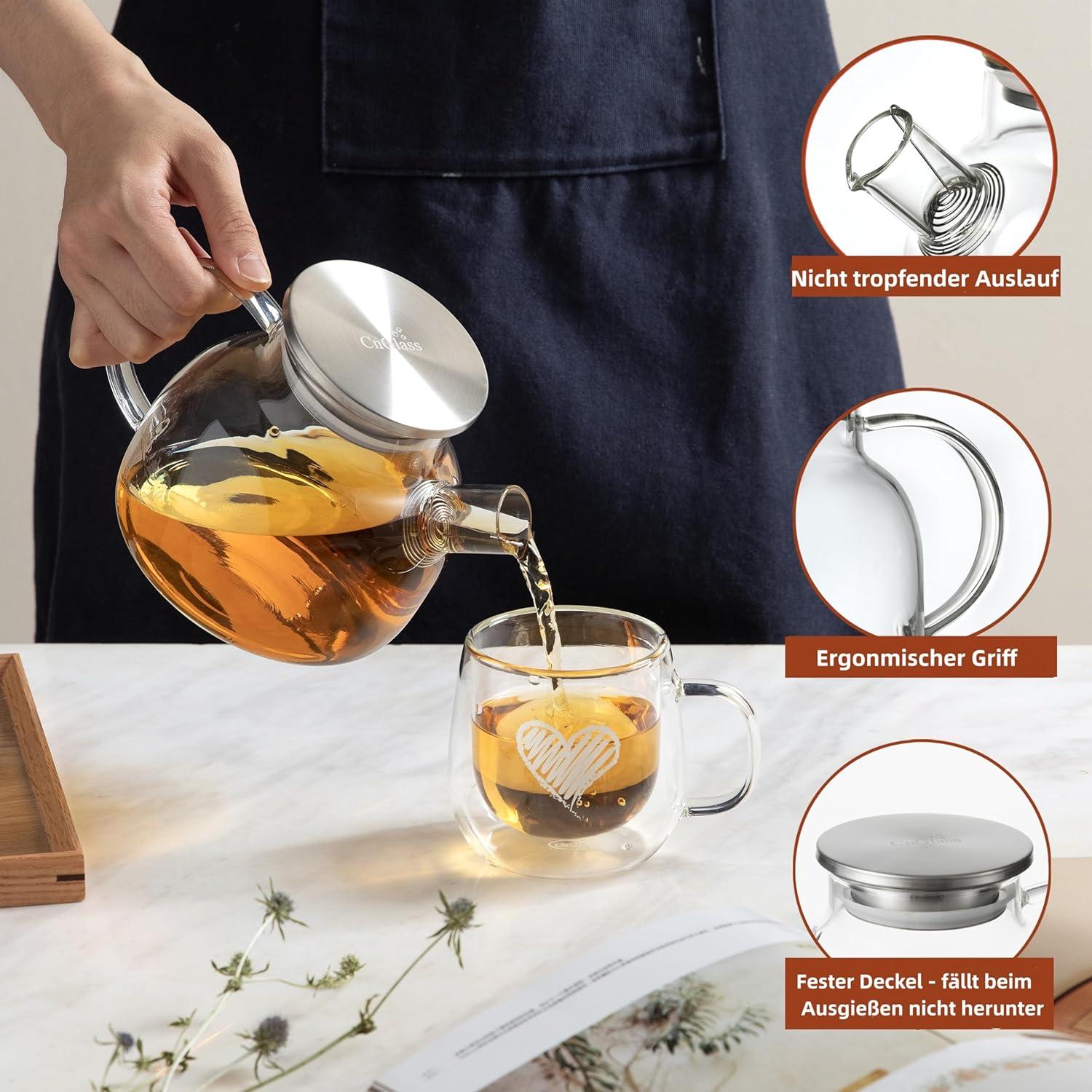 Glas Teekanne 900ml mit Edelstahldeckel und Teesieb