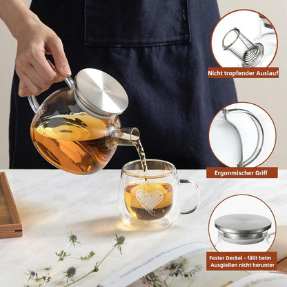 Glas Teekanne 900ml mit Edelstahldeckel und Teesieb