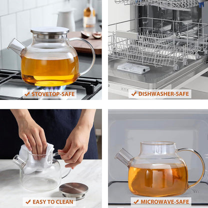 Glas Teekanne 900ML mit Edelstahldeckel und Teesieb