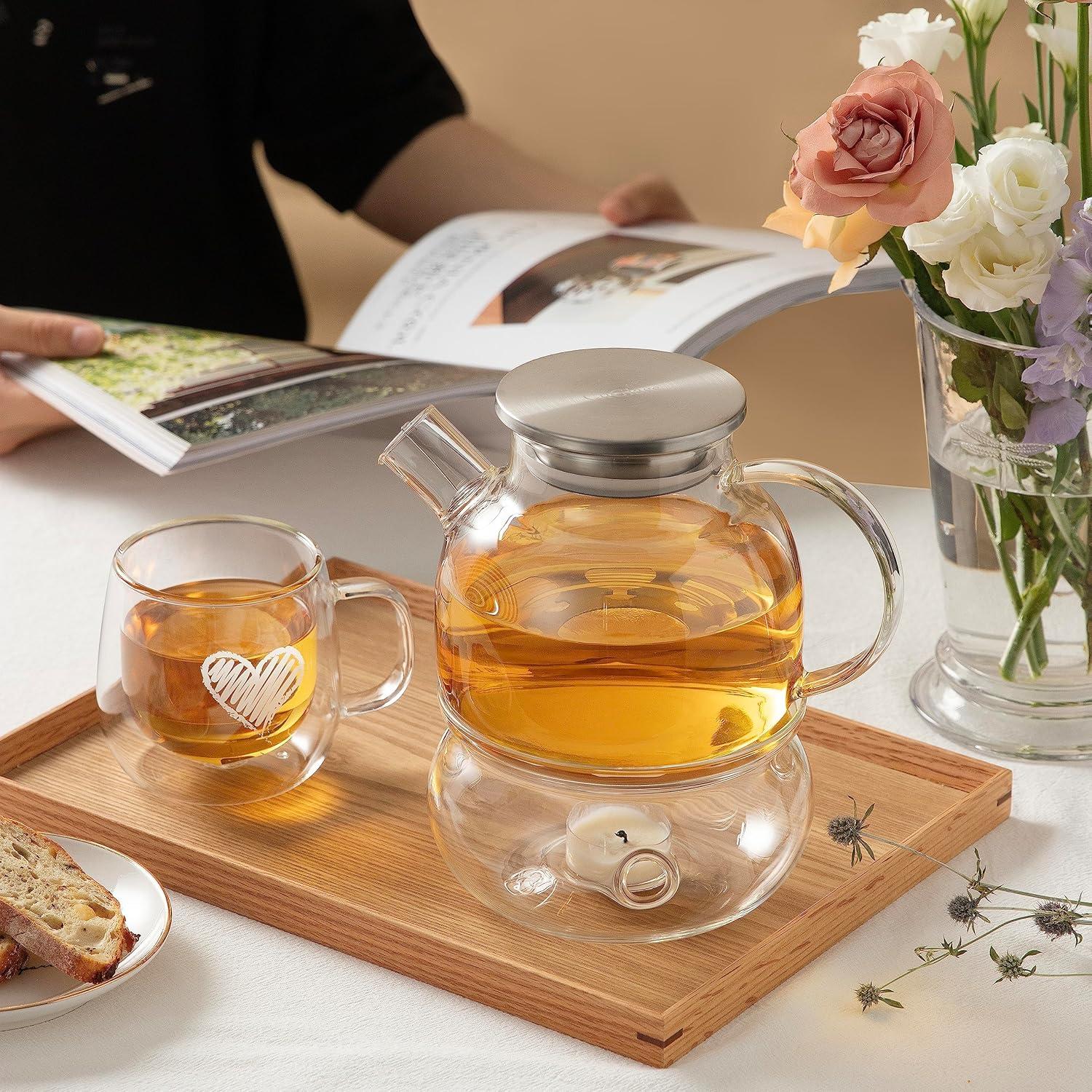 Glas Teekanne 900ML Herd Edelstahldeckel Blätter Tee